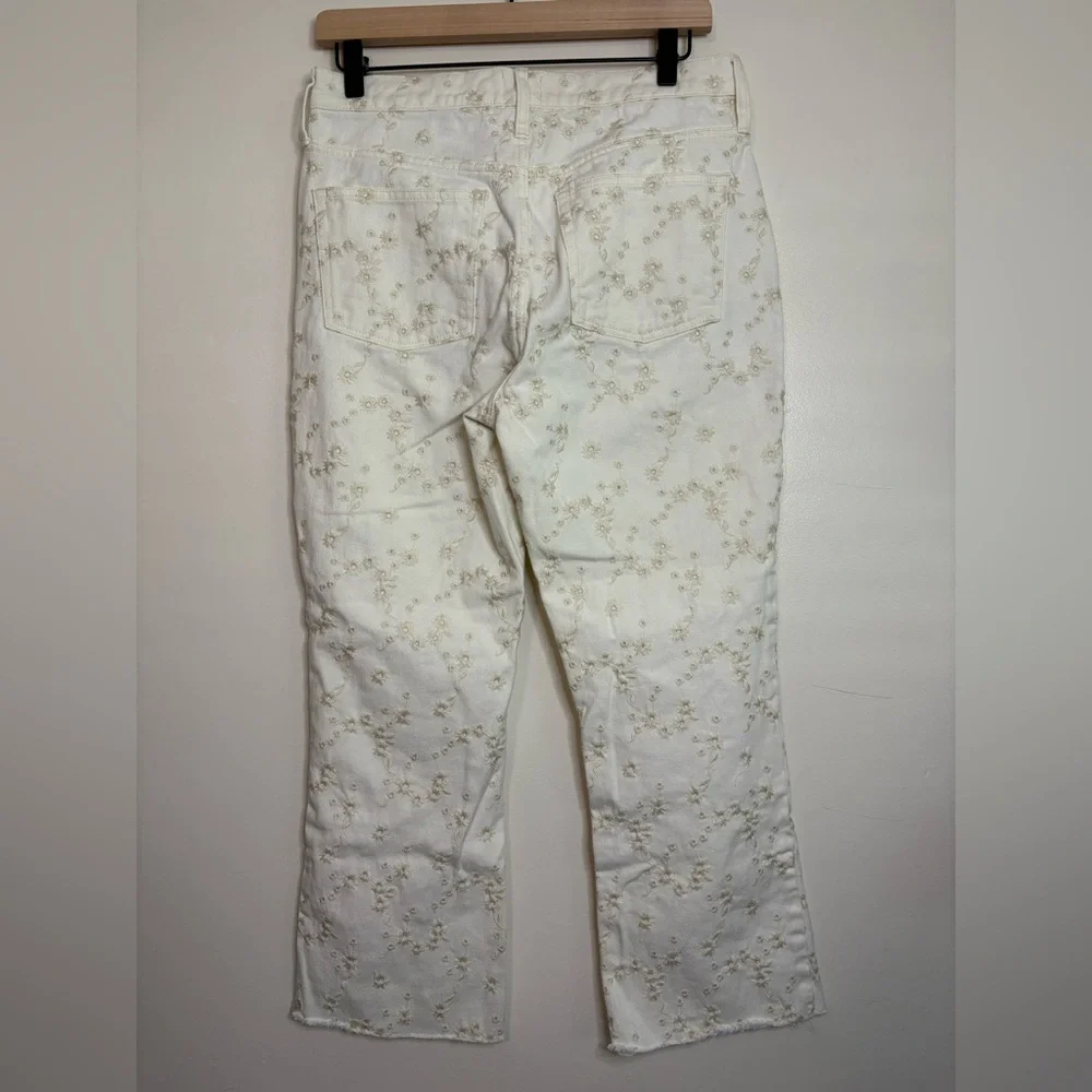 J.Crew‎ Billie Demi Boot Crop Jeans 28 White Embroidered Floral Raw Hem Cotton